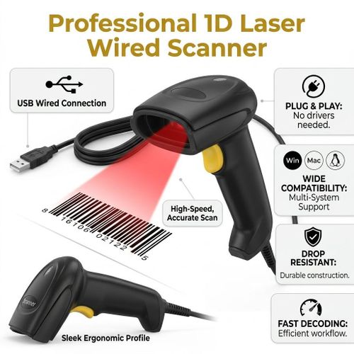 LECTEUR DE CODES-BARRES PORTABLE FILAIRE LASER 1D