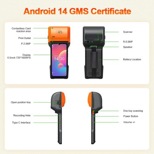 GM POS-PDA IMPRESSION 58/80MM+NFC+LECTEUR DE CARTE BANCAIRE+SCANNEUR CODE BARRE